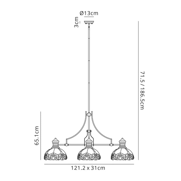 Regal Lighting SL-1009 3 Light Tiffany Pendant Antique Brass With Blue And Clear Crystal Shades