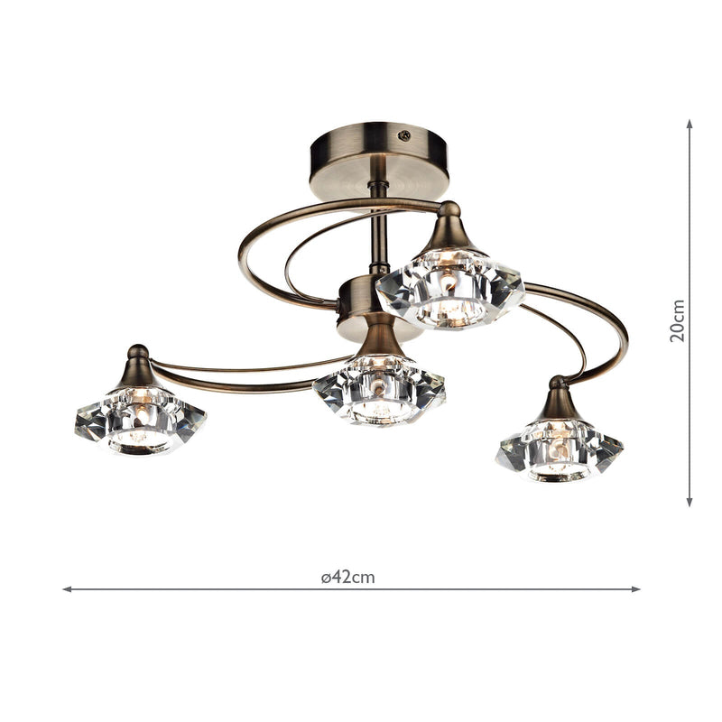 Dar Lighting Luther 4 Light Semi Flush Antique Brass Crystal • LUT0475