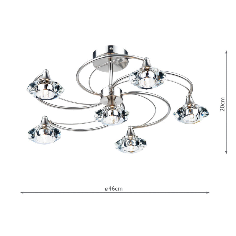 Dar Lighting Luther 6 Light Semi Flush Satin Chrome Crystal • LUT0646