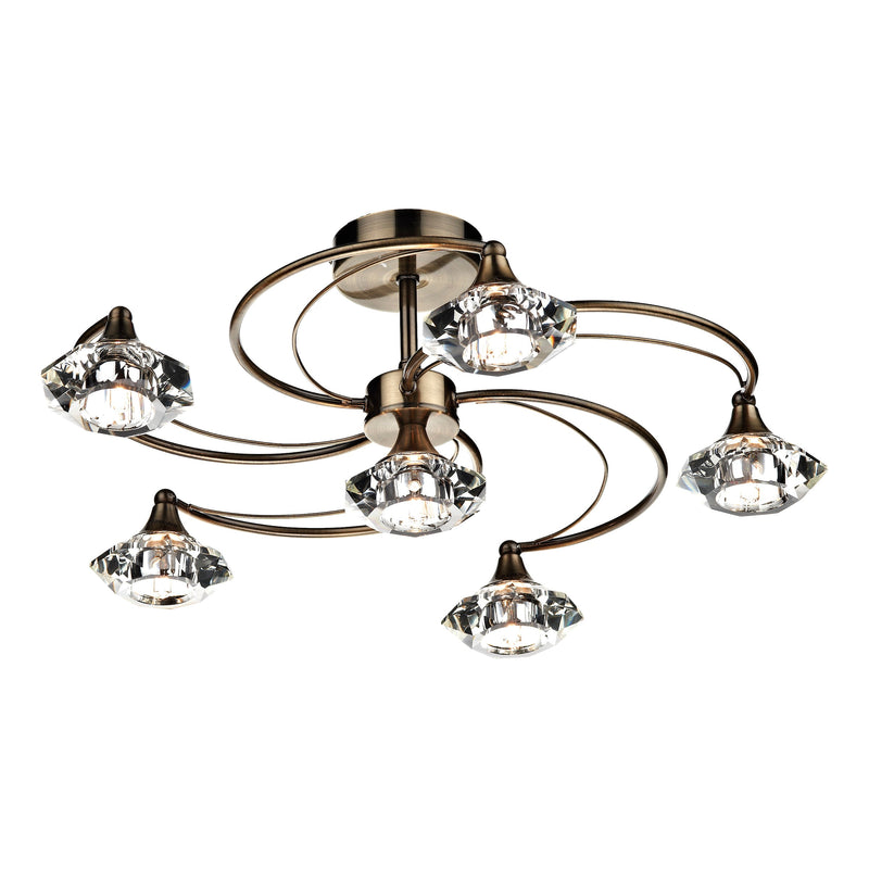 Dar Lighting Luther 6 Light Semi Flush Antique Brass Crystal • LUT0675