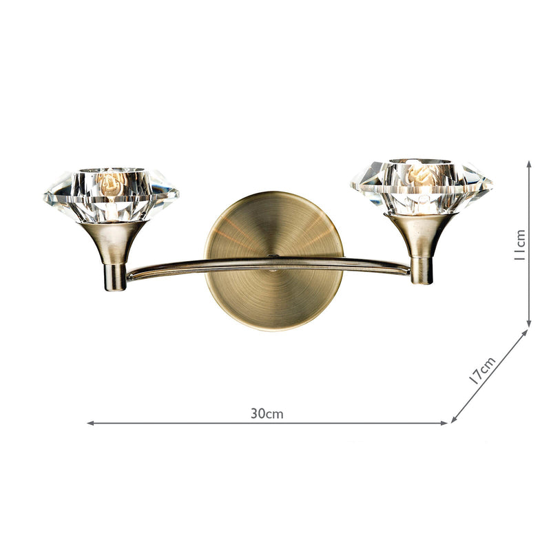 Dar Lighting Luther 2 Light Wall Light Antique Brass Crystal • LUT0975