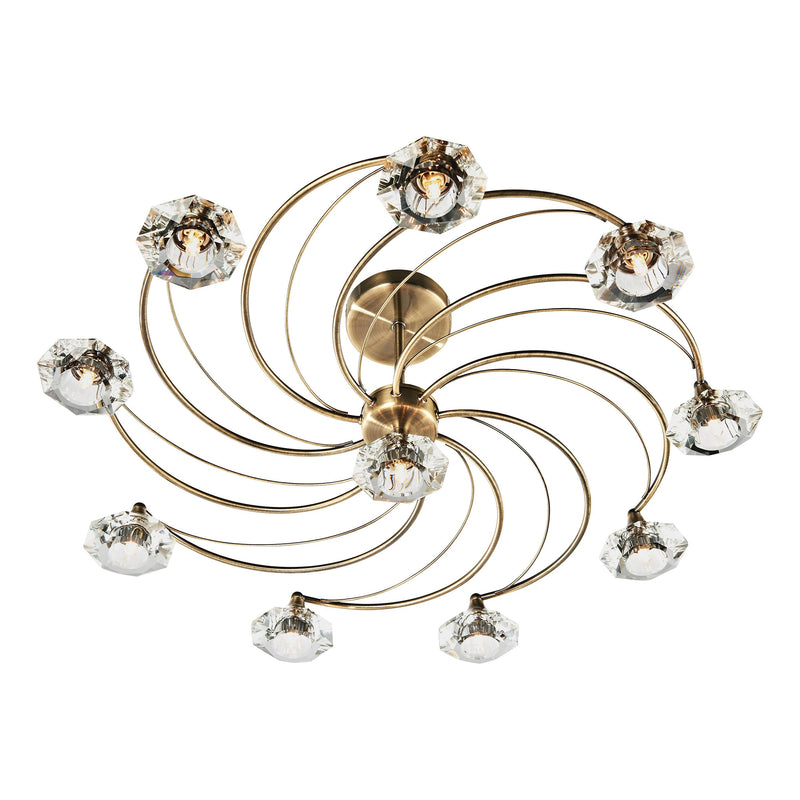 Dar Lighting Luther 10 Light Semi Flush Antique Brass Crystal • LUT2375