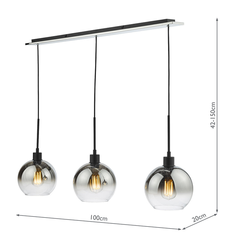 Dar Lighting Lycia 3 Light Bar Pendant Matt Black Ombre Smoked Glass • LYC0322