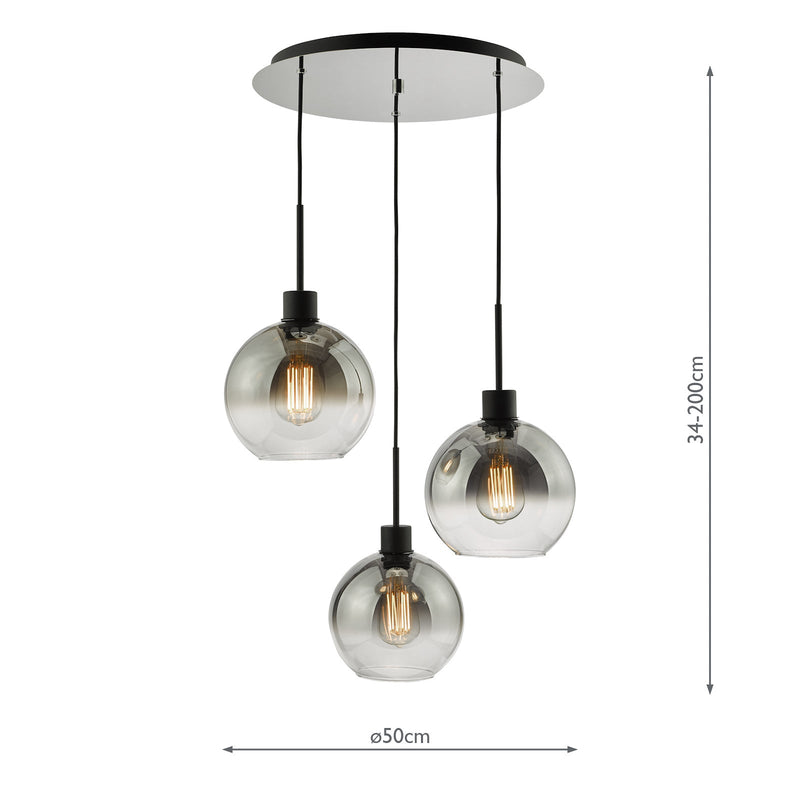 Dar Lighting Lycia 3 Light Cluster Pendant Matt Black Smoked Ombre Glass • LYC8822