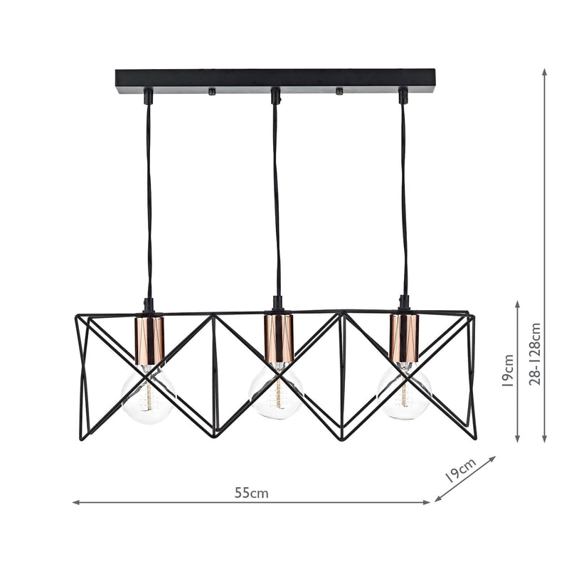 Dar Lighting Midi 3 Light Bar Pendant Black & Bright Copper Detail • MID0322