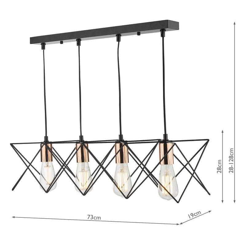 Dar Lighting Midi 4 Light Bar Pendant Black & Copper Detail • MID0422