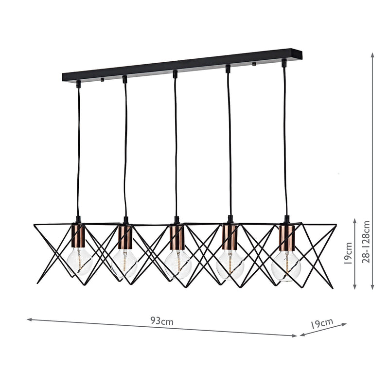 Dar Lighting Midi Cage 5 Light Bar Pendant Matt Black Bright & Copper • MID0522