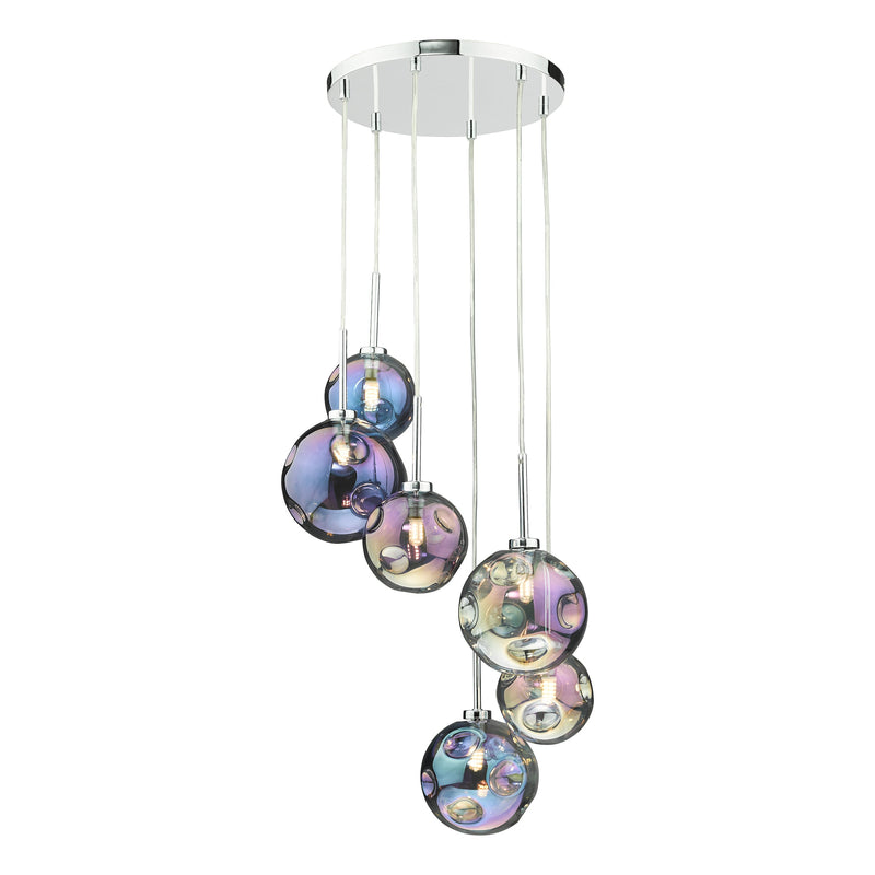 Dar Lighting Mira 6 Light Cluster Pendant Polished Chrome Iridised Glass • MIR0655