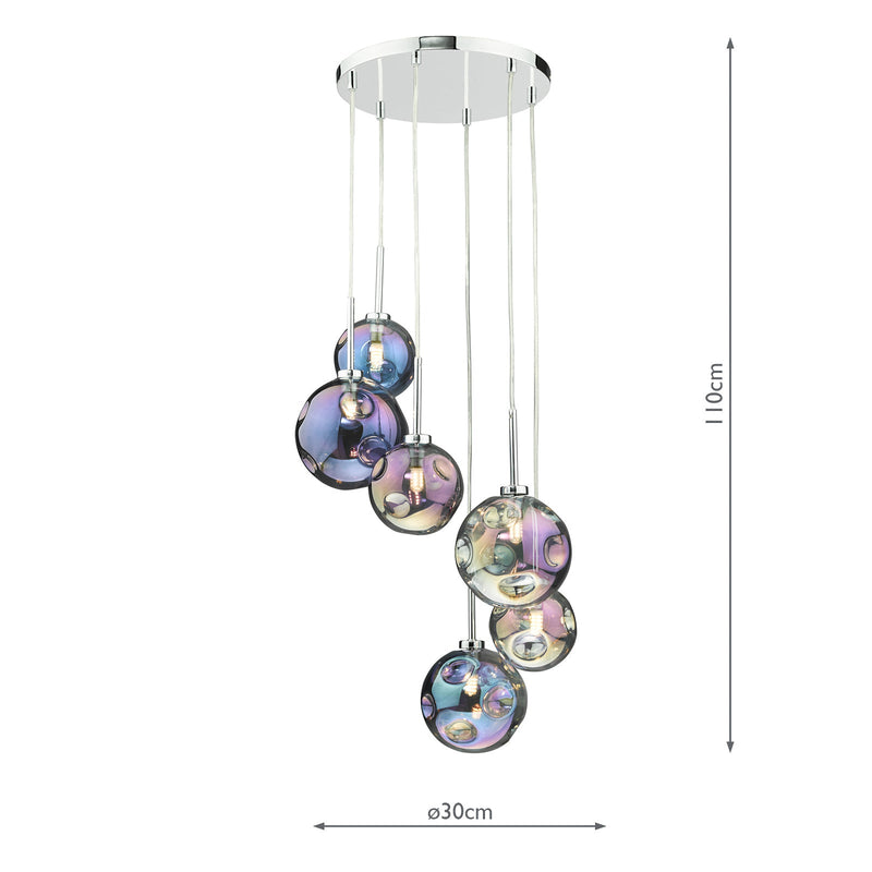 Dar Lighting Mira 6 Light Cluster Pendant Polished Chrome Iridised Glass • MIR0655