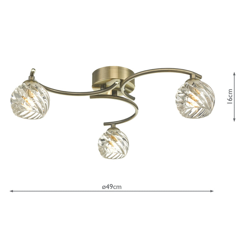 Dar Lighting Nakita 3 Light Semi Flush Antique Brass With Twisted Open Glass • NAK5375-05