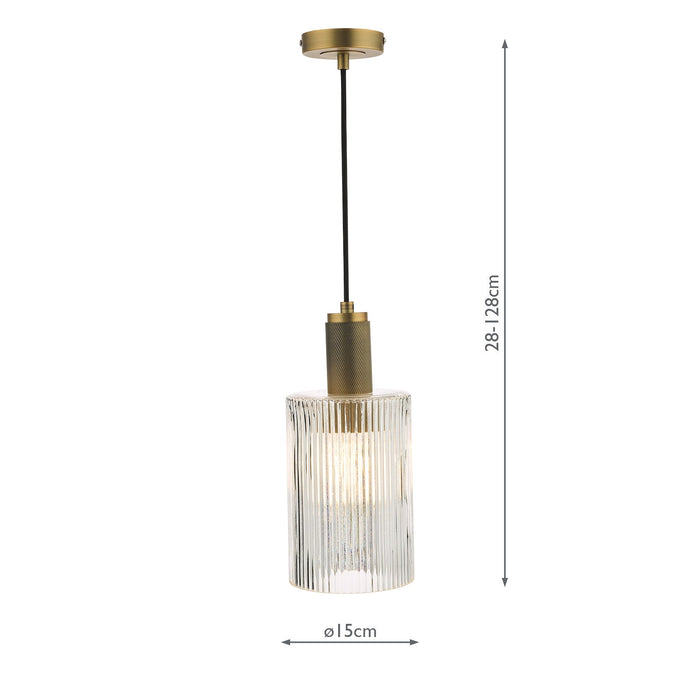 Dar Lighting Nikolas Pendant Natural Solid Brass Ribbed Cylinder Glass • NIK0140-E01