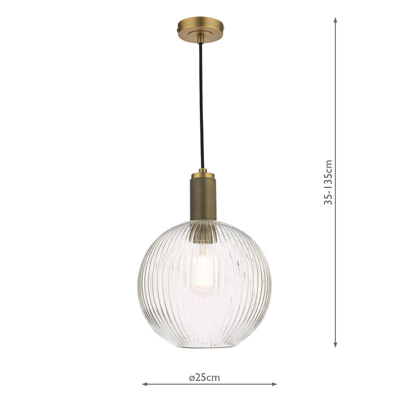 Dar Lighting Nikolas Pendant Natural Solid Brass Ribbed Round Glass • NIK0140-E02