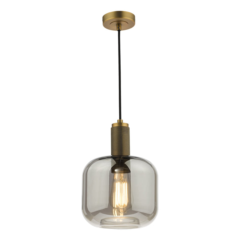 Dar Lighting Nikolas Pendant Natural Solid Brass Smoked Rounded Cuboid Glass • NIK0140-E05