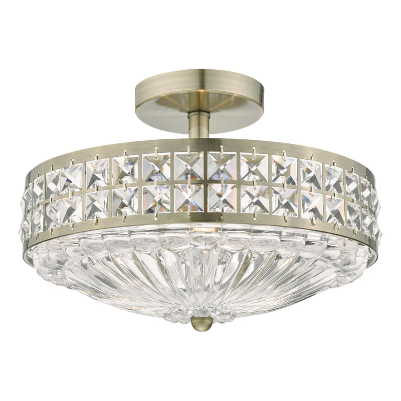 Dar Lighting Olona 3L Light Semi Flush Antique Brass Crystal Beads and Glass Diffuser • OLO5375
