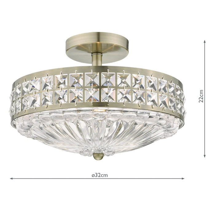 Dar Lighting Olona 3L Light Semi Flush Antique Brass Crystal Beads and Glass Diffuser • OLO5375