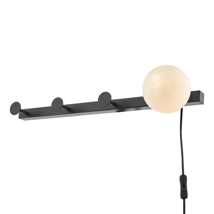 Dar Lighting Rack Wall Light & Coat Hook Matt Black Opal Glass - Plug in • RAC7122