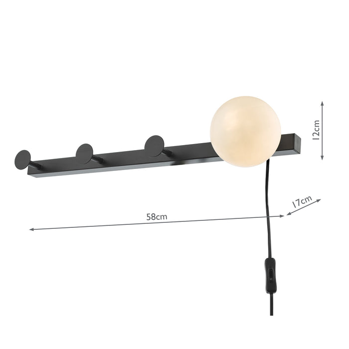 Dar Lighting Rack Wall Light & Coat Hook Matt Black Opal Glass - Plug in • RAC7122