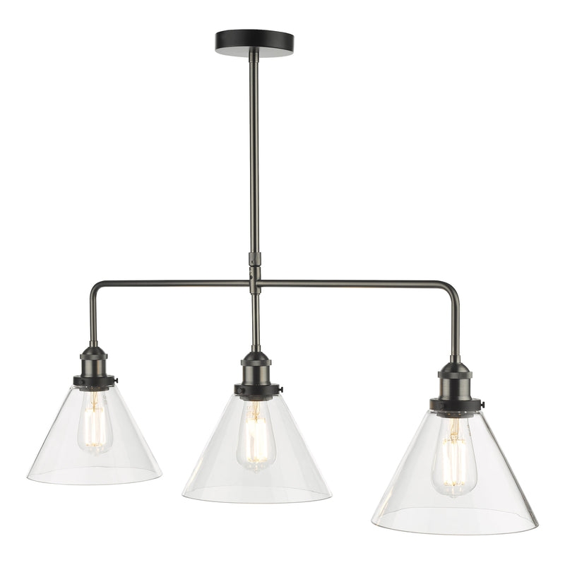 Dar Lighting Ray 3 Light Bar Pendant Antique Nickel Clear Glass • RAY0338
