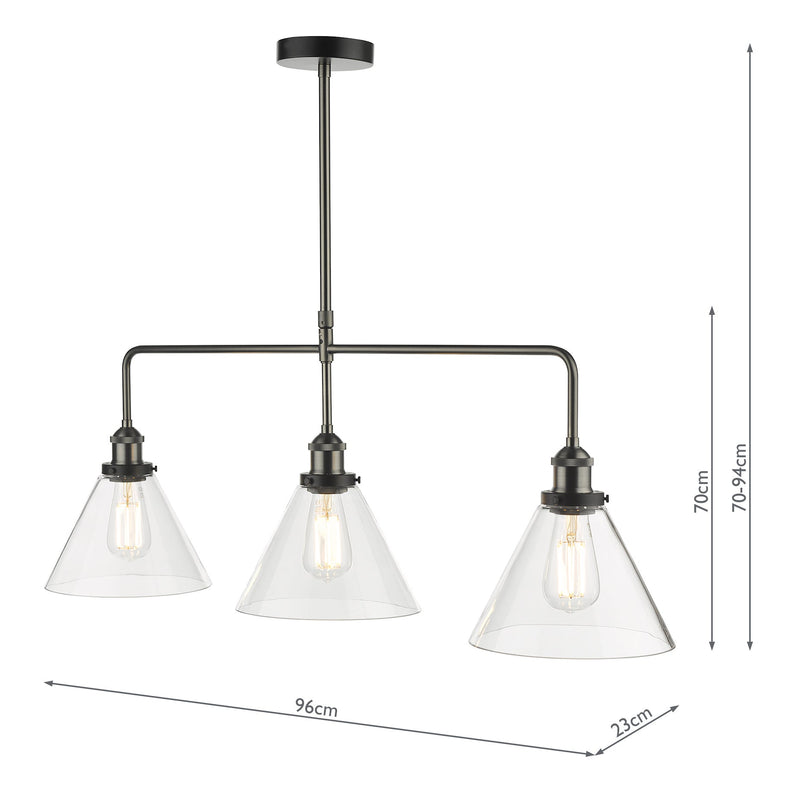 Dar Lighting Ray 3 Light Bar Pendant Antique Nickel Clear Glass • RAY0338