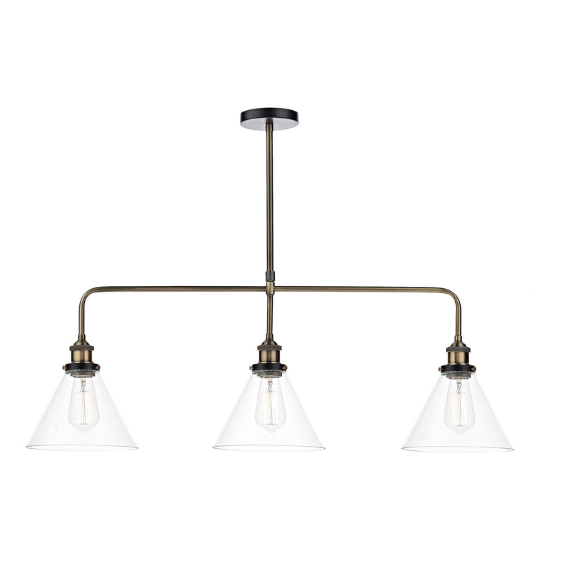 Dar Lighting Ray 3 Light Bar Pendant Antique Brass Clear • RAY0375