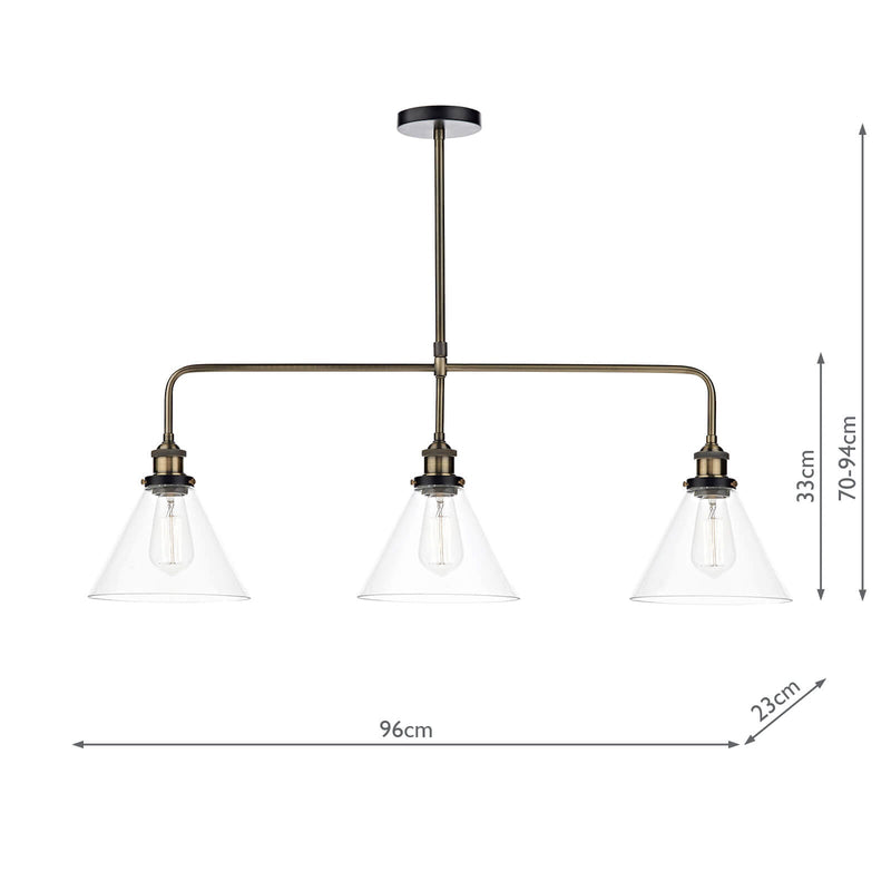 Dar Lighting Ray 3 Light Bar Pendant Antique Brass Clear • RAY0375