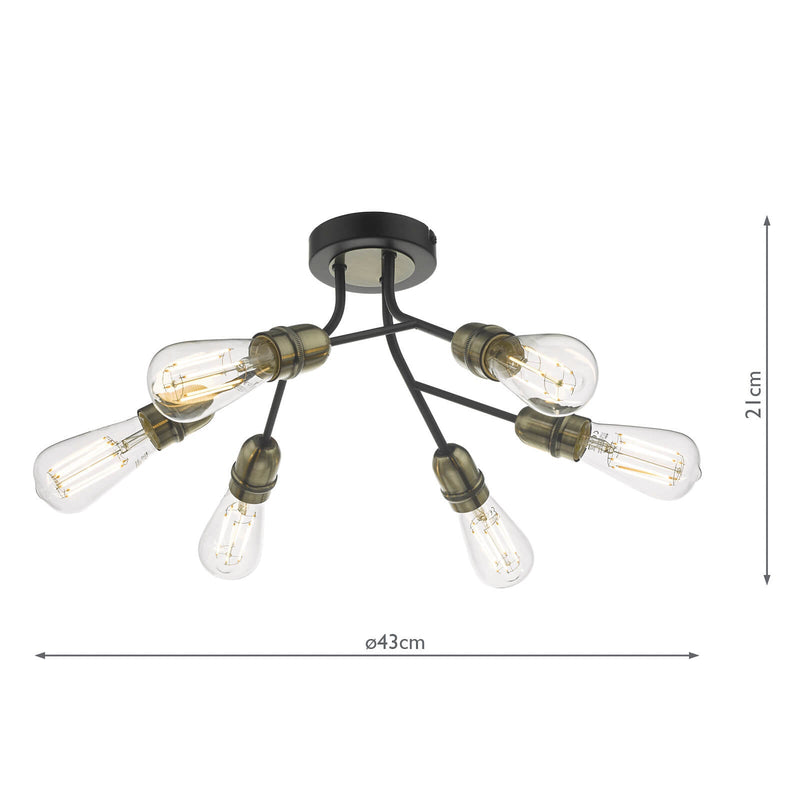 Dar Lighting Remy 6 Light Semi Flush Black & Antique Brass • REM0654