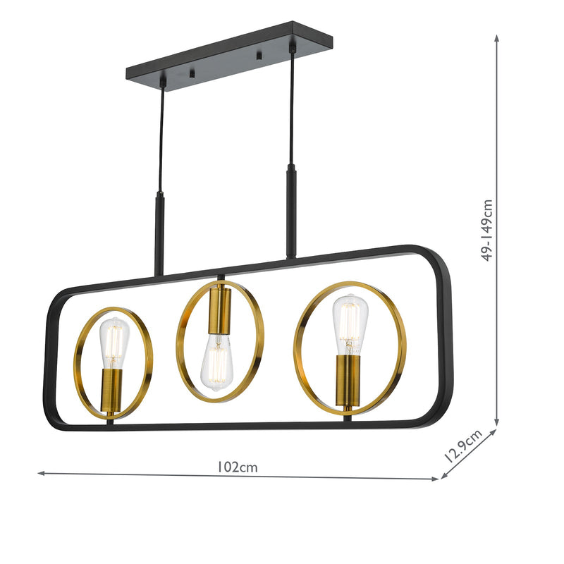 Dar Lighting Ryota 3 Light Bar Pendant Satin Black Antique Gold • RYO0354