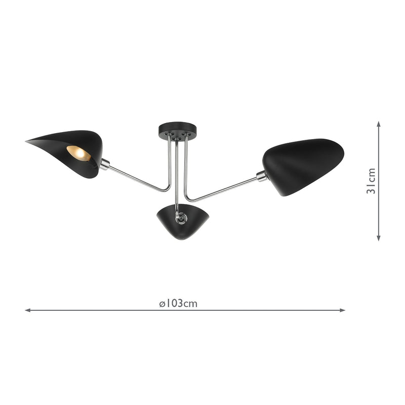Dar Lighting Sebastian 3 Light Semi Flush Matt Black Polished Chrome • SEB0322