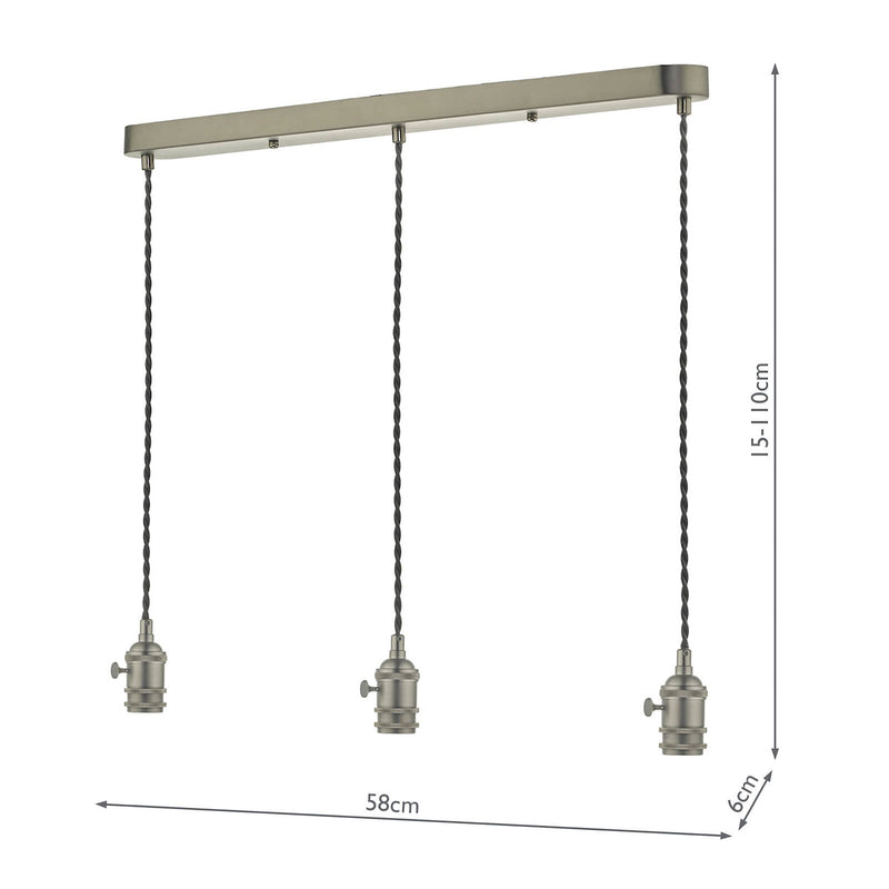 Dar Lighting 3 Light Bar Suspension Antique Chrome With Grey Cable • SPB3661
