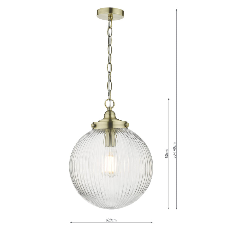 Dar Lighting Tamara 1 Light Single Pendant Antique Brass Ribbed Glass • TAM0175