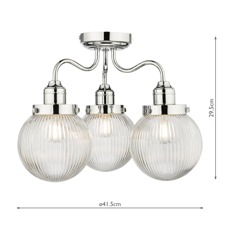 Dar Lighting Tamara 3 Light Bathroom Semi Flush Polished Chrome Ribbed Glass IP44 • TAM5350-IP44
