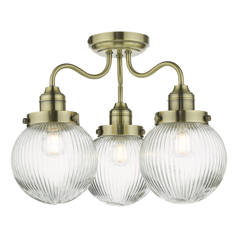 Dar Lighting Tamara 3 Light Bathroom Semi Flush Antique Brass Ribbed Glass IP44 • TAM5375-IP44