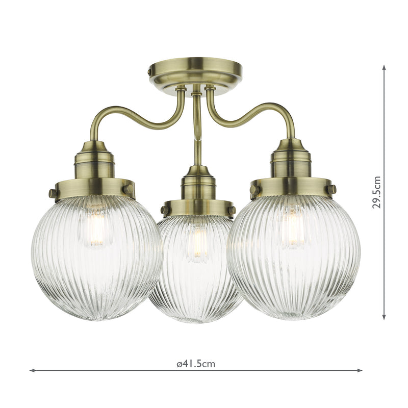 Dar Lighting Tamara 3 Light Bathroom Semi Flush Antique Brass Ribbed Glass IP44 • TAM5375-IP44