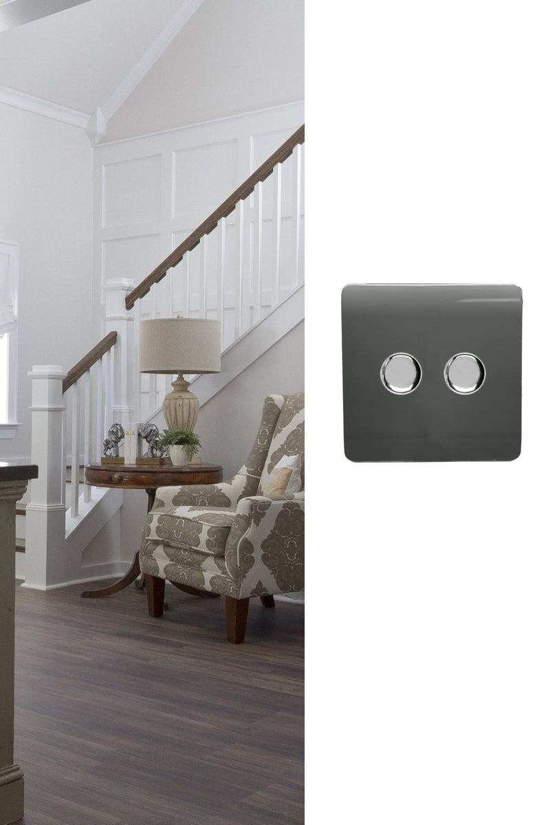 Trendi, Artistic Modern 2 Gang 2 Way LED Dimmer Switch 5-150W LED / 120W Tungsten Per Dimmer, Charcoal Finish, (35mm Back Box Required), 5yrs Warranty • ART-2LDMCH