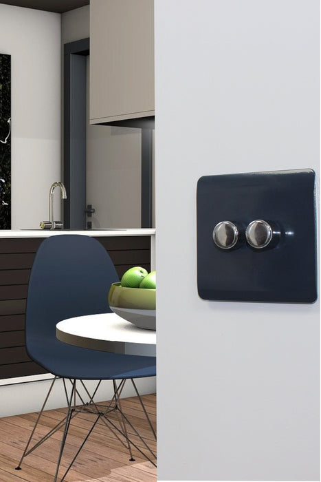 Trendi, Artistic Modern 2 Gang 2 Way LED Dimmer Switch 5-150W LED / 120W Tungsten Per Dimmer, Navy Finish, (35mm Back Box Required), 5yrs Warranty • ART-2LDMNV