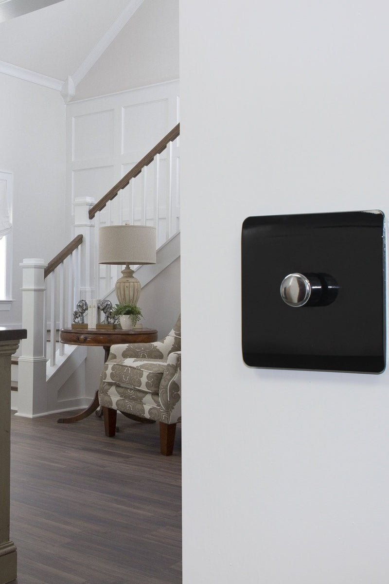 Trendi, Artistic Modern 1 Gang 1 Way LED Dimmer Switch 5-150W LED / 120W Tungsten, Gloss Black/Chrome Finish, (35mm Back Box Required), 5yrs Warranty • ART-LDMBK
