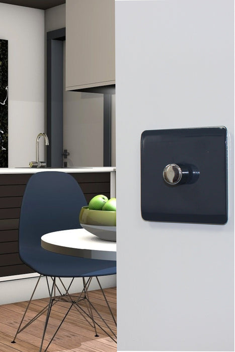 Trendi, Artistic Modern 1 Gang 1 Way LED Dimmer Switch, 5-150W Load Navy Blue/Chrome Finish, (35mm Back Box Required), 5yrs Warranty • ART-LDMNV