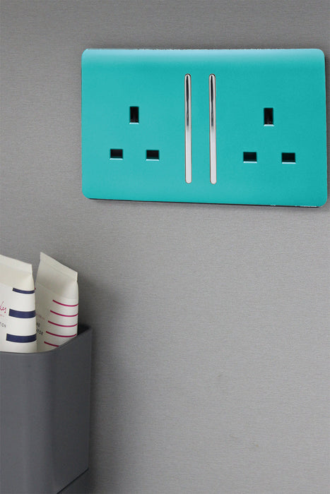 Trendi, Artistic Modern 2 Gang 13Amp Long Switched Double Socket Bright Teal Finish, BRITISH MADE, (25mm Back Box Required), 5yrs Warranty • ART-SKT213LBT