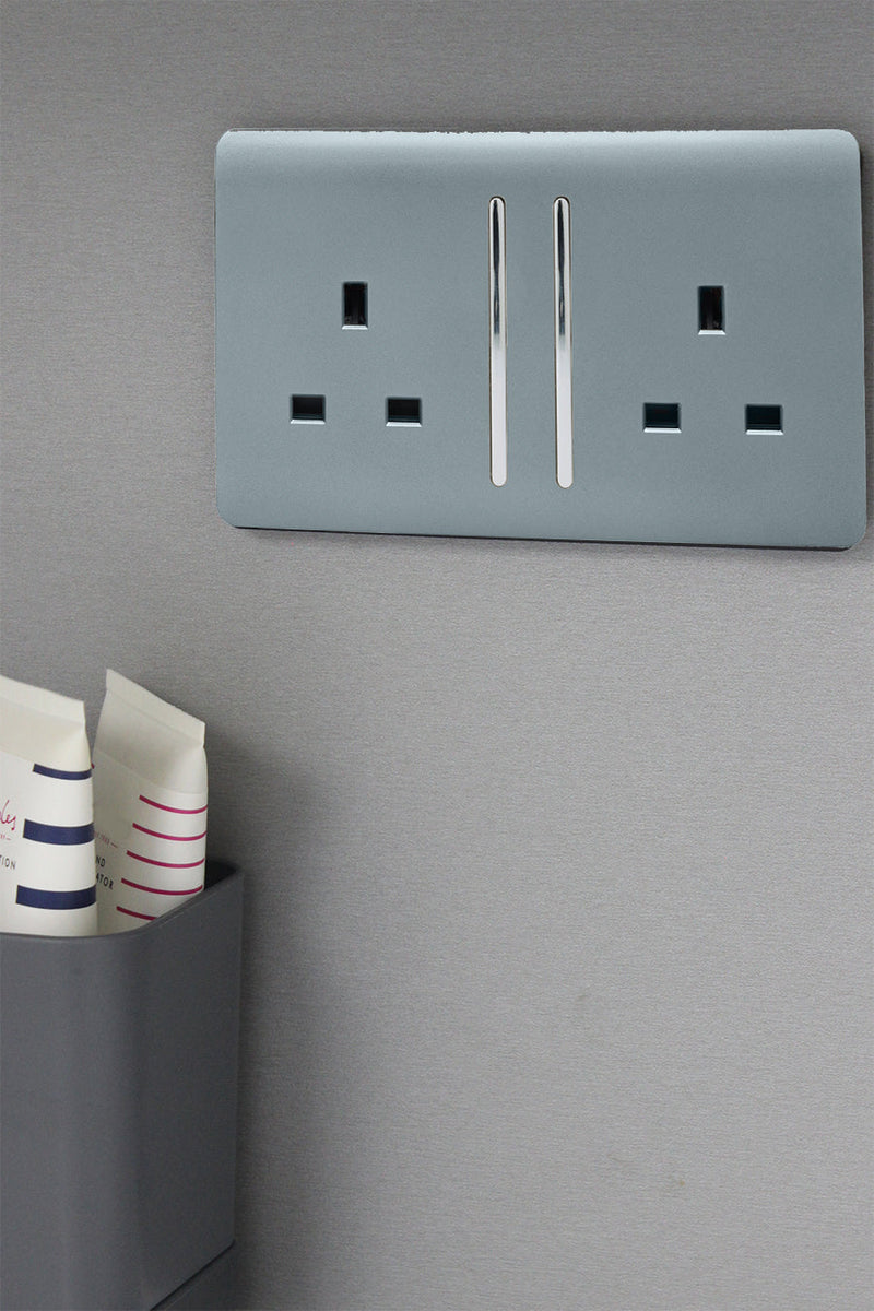 Trendi, Artistic Modern 2 Gang 13Amp Long Switched Double Socket Cool Grey Finish, BRITISH MADE, (25mm Back Box Required), 5yrs Warranty • ART-SKT213LCG