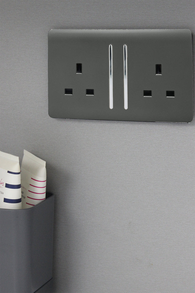 Trendi, Artistic Modern 2 Gang 13Amp Long Switched Double Socket Chrome Rocker Charcoal Finish, BRITISH MADE, (25mm Back Box Required), 5yrs Warranty • ART-SKT213LCH