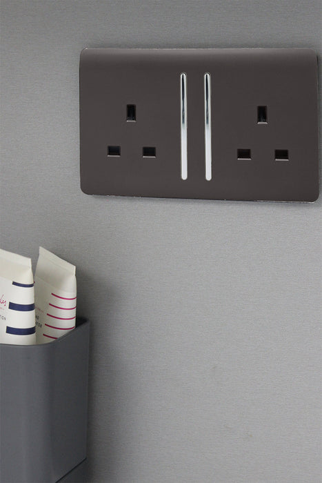 Trendi, Artistic Modern 2 Gang 13Amp Long Switched Double Socket Dark Brown Finish, BRITISH MADE, (25mm Back Box Required), 5yrs Warranty • ART-SKT213LDB