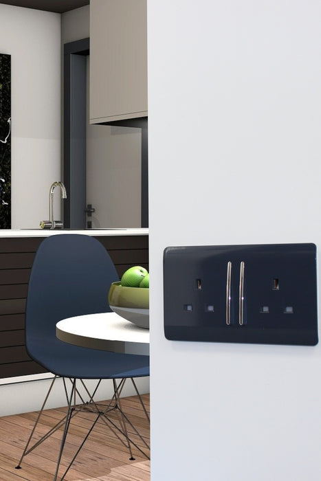 Trendi, Artistic Modern 2 Gang 13Amp Long Switched Double Socket Navy Blue Finish, BRITISH MADE, (25mm Back Box Required), 5yrs Warranty • ART-SKT213LNV