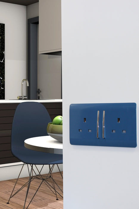 Trendi, Artistic Modern 2 Gang 13Amp Long Switched Double Socket Ocean Blue Finish, BRITISH MADE, (25mm Back Box Required), 5yrs Warranty • ART-SKT213LOB