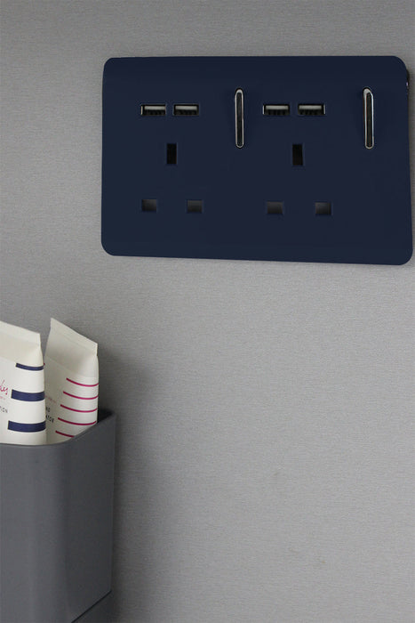 Trendi, Artistic Modern 2 Gang 13A Switched Double Socket With 4X 2.1Mah USB Navy Blue Finish, BRITISH MADE, (45mm Back Box Required), 5yrs Warranty • ART-SKT213USBNV