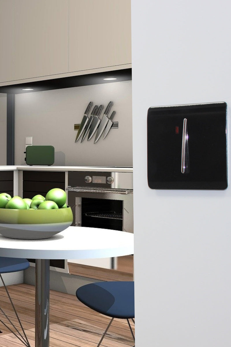 Trendi, Artistic Modern 20 Amp Neon Insert Double Pole Switch Gloss Black Finish, BRITISH MADE, (25mm Back Box Required), 5yrs Warranty • ART-WHS1BK