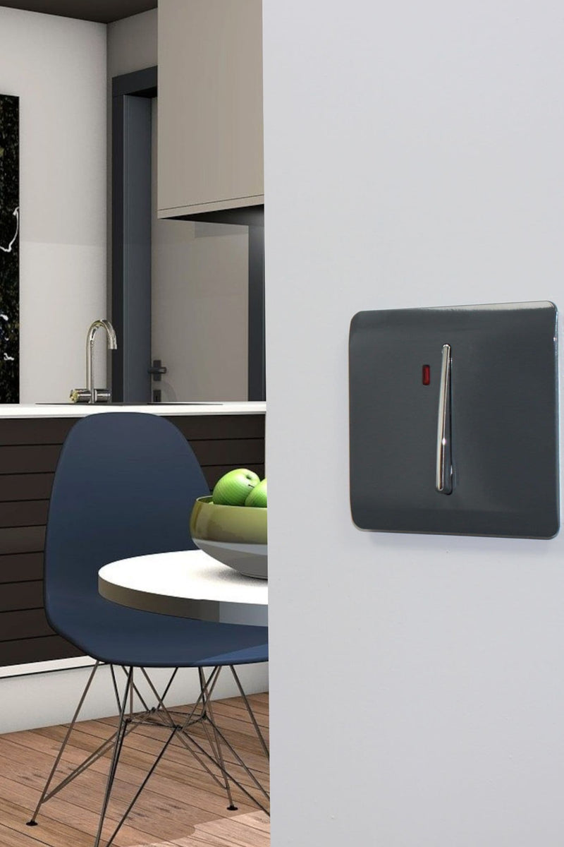 Trendi, Artistic Modern 20 Amp Neon Insert Double Pole Switch Charcoal Finish, BRITISH MADE, (25mm Back Box Required), 5yrs Warranty • ART-WHS1CH