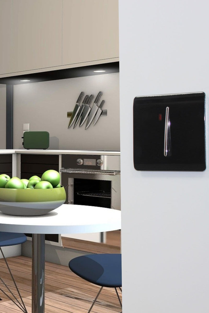 Trendi, Artistic Modern 20 Amp Neon Insert Double Pole Switch Matt Black Finish, BRITISH MADE, (25mm Back Box Required), 5yrs Warranty • ART-WHS1MBK