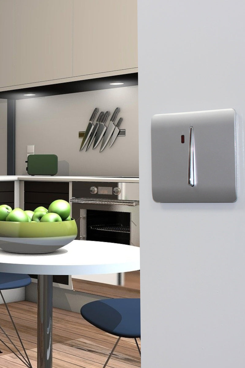 Trendi, Artistic Modern 20 Amp Neon Insert Double Pole Switch Silver Finish, BRITISH MADE, (25mm Back Box Required), 5yrs Warranty • ART-WHS1SI