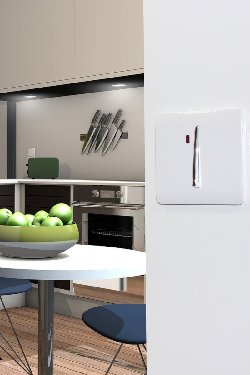 Trendi, Artistic Modern 20 Amp Neon Insert Double Pole Switch Gloss White Finish, BRITISH MADE, (25mm Back Box Required), 5yrs Warranty • ART-WHS1WH