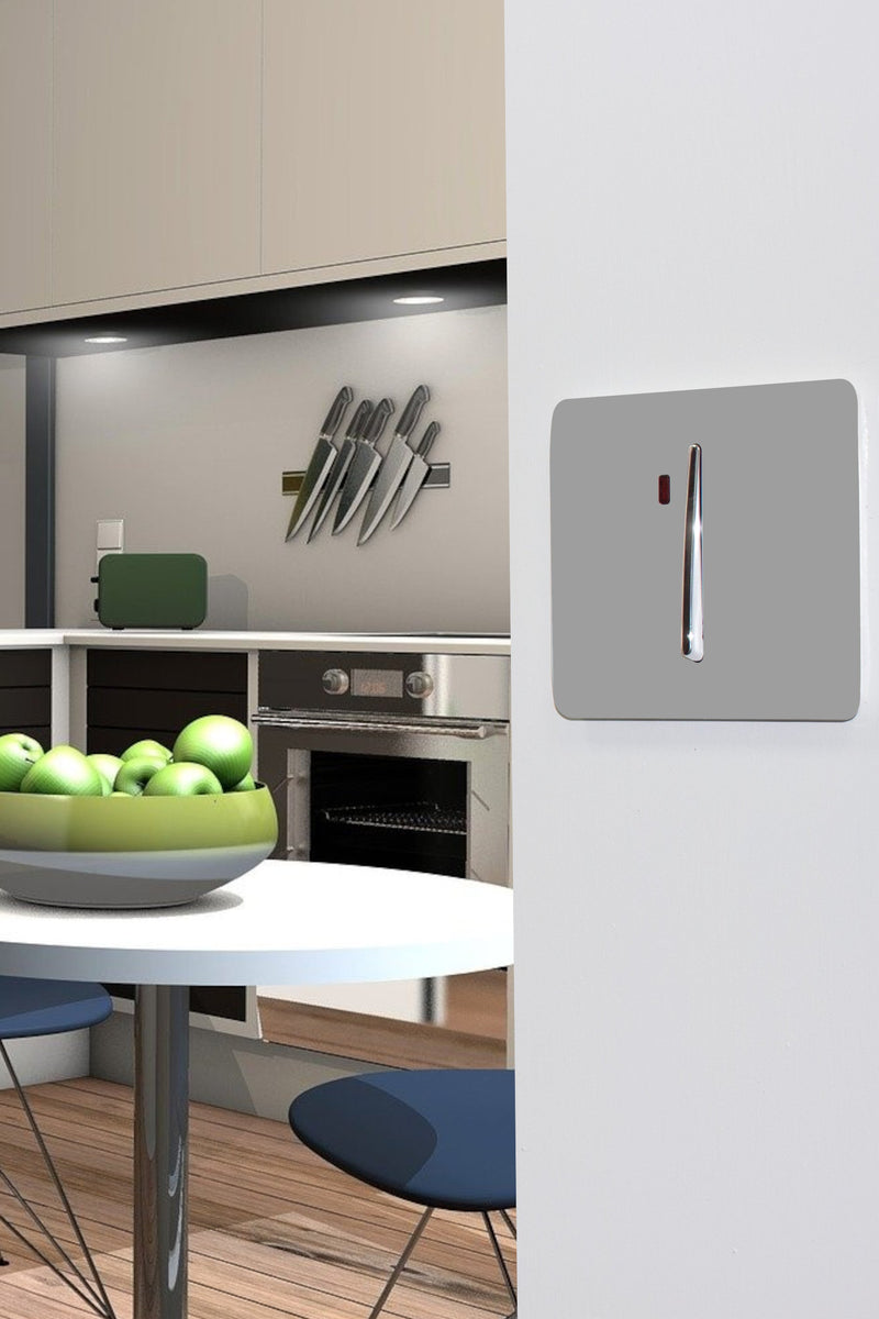Trendi, Artistic Modern 45 Amp Neon Insert Double Pole Switch Light Grey Finish, BRITISH MADE, (35mm Back Box Required), 5yrs Warranty • ART-WHS2LG